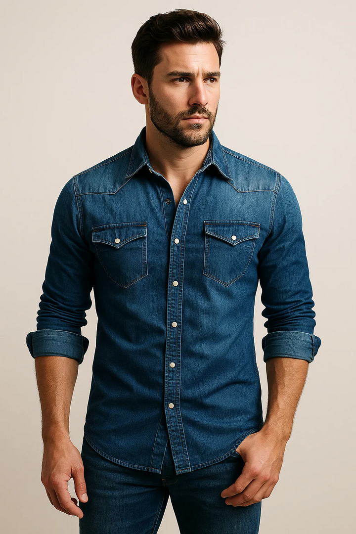 Chemise cintrée bleue hommes, manches longues. Look élégant, moderne. Parfaite pour bureau ou décontracté.