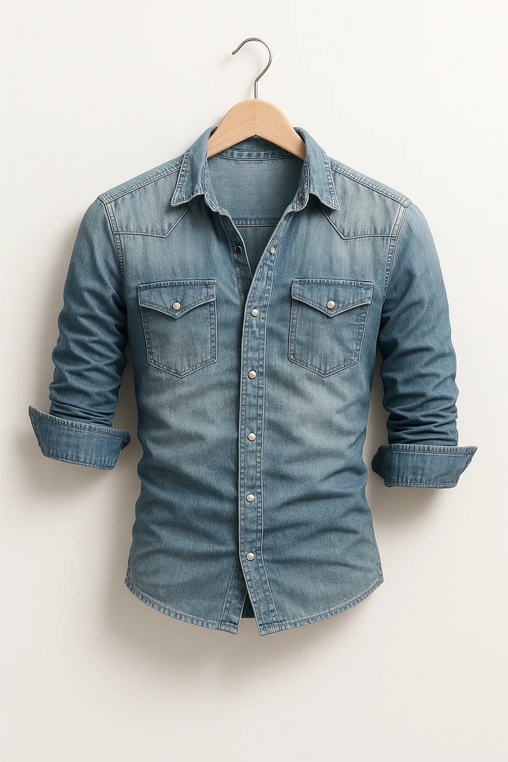 Détail chemise homme cintrée manches longues, tissu moderne. Coupe élégante pour bureau ou soirée décontractée.