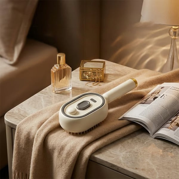 Brosse massante électrique apaisante pour le cuir chevelu, favorisant la détente et le soin des cheveux.