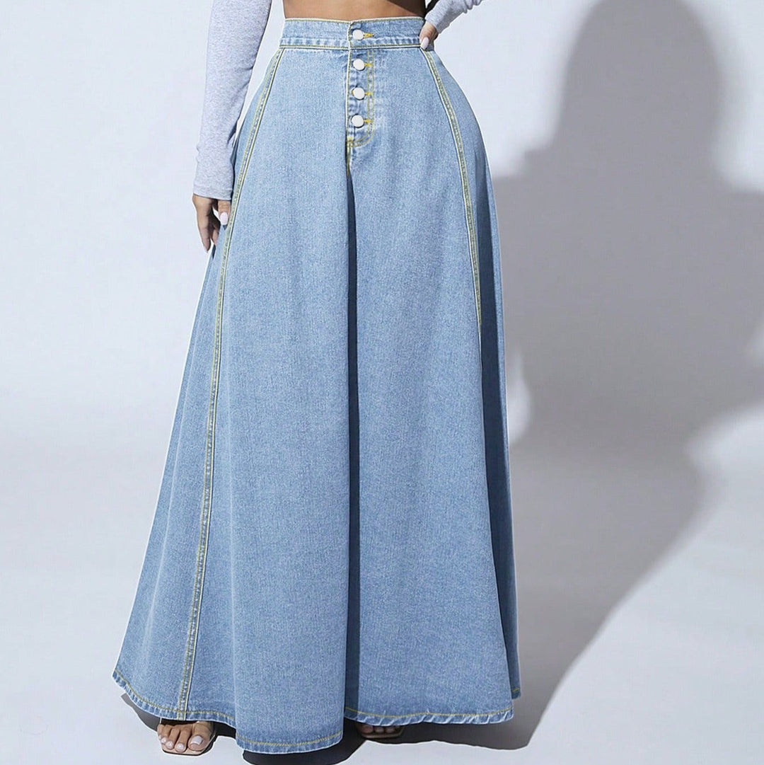 Jupe longue femme taille haute élégante, avec boutonnage visible, parfaite pour printemps-été.