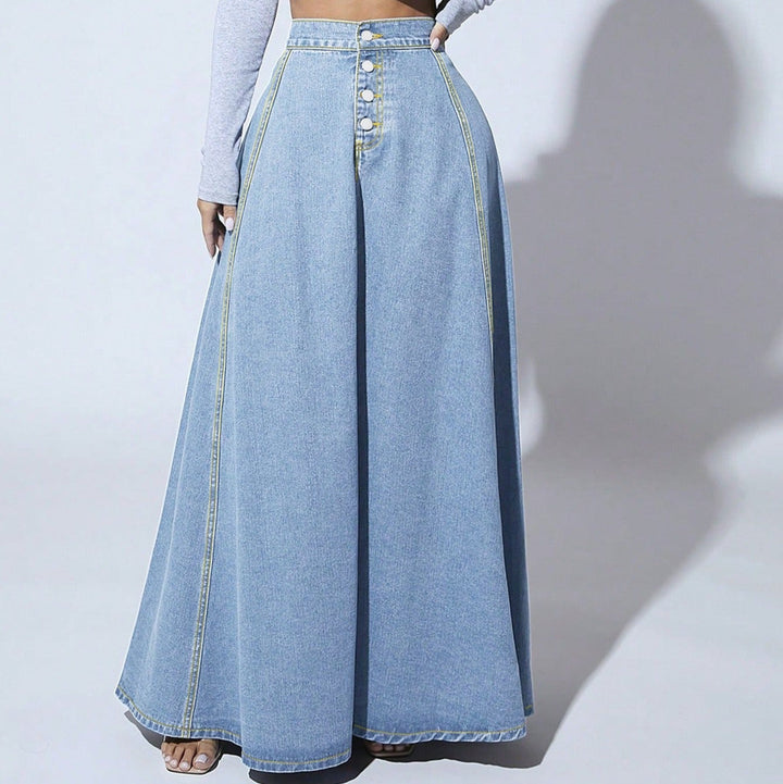 Jupe longue femme taille haute élégante, avec boutonnage visible, parfaite pour printemps-été.