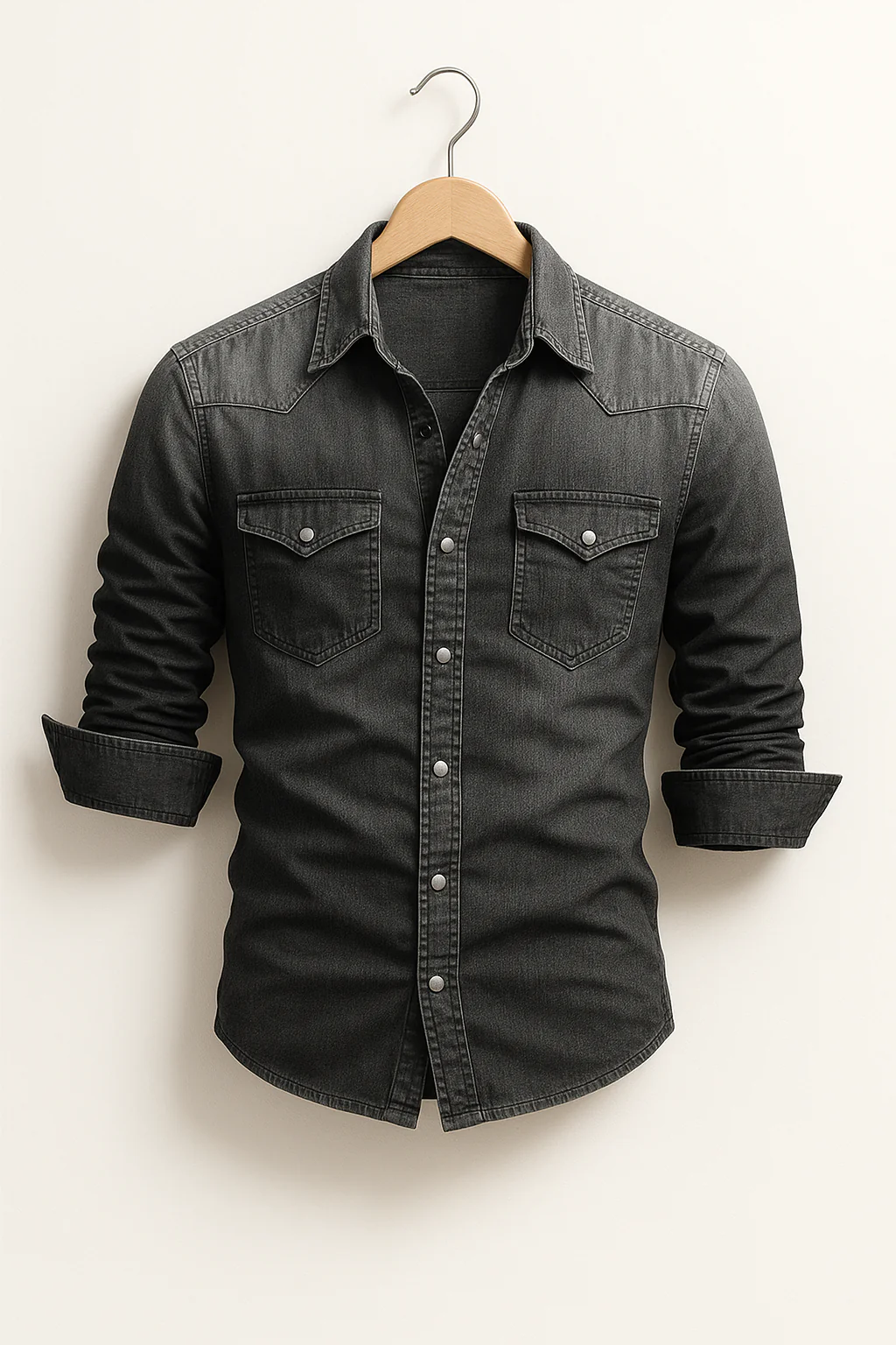 Homme en chemise cintrée noire manches longues. Tenue de bureau élégante, look professionnel et moderne.