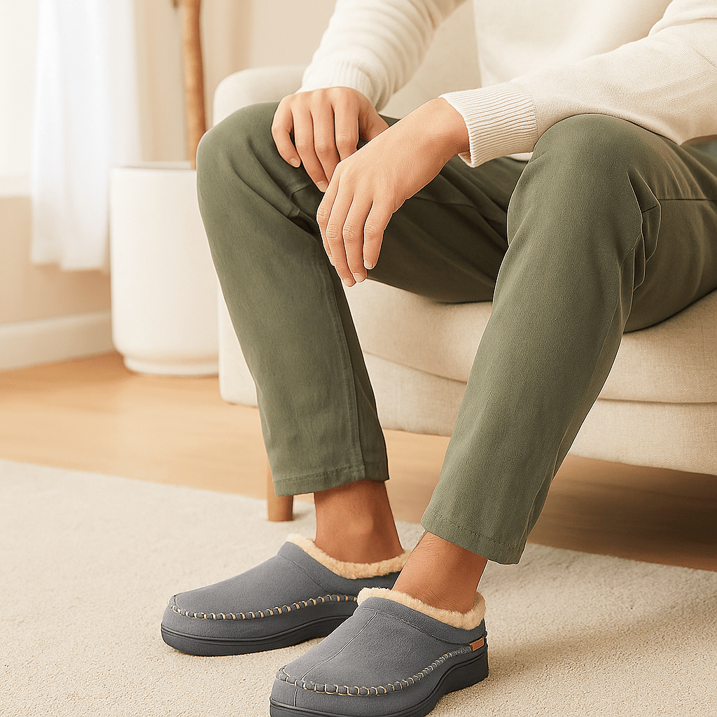 Pantoufles douillettes pour hommes, offrant une chaleur supérieure. Idéales pour se détendre à l'intérieur.