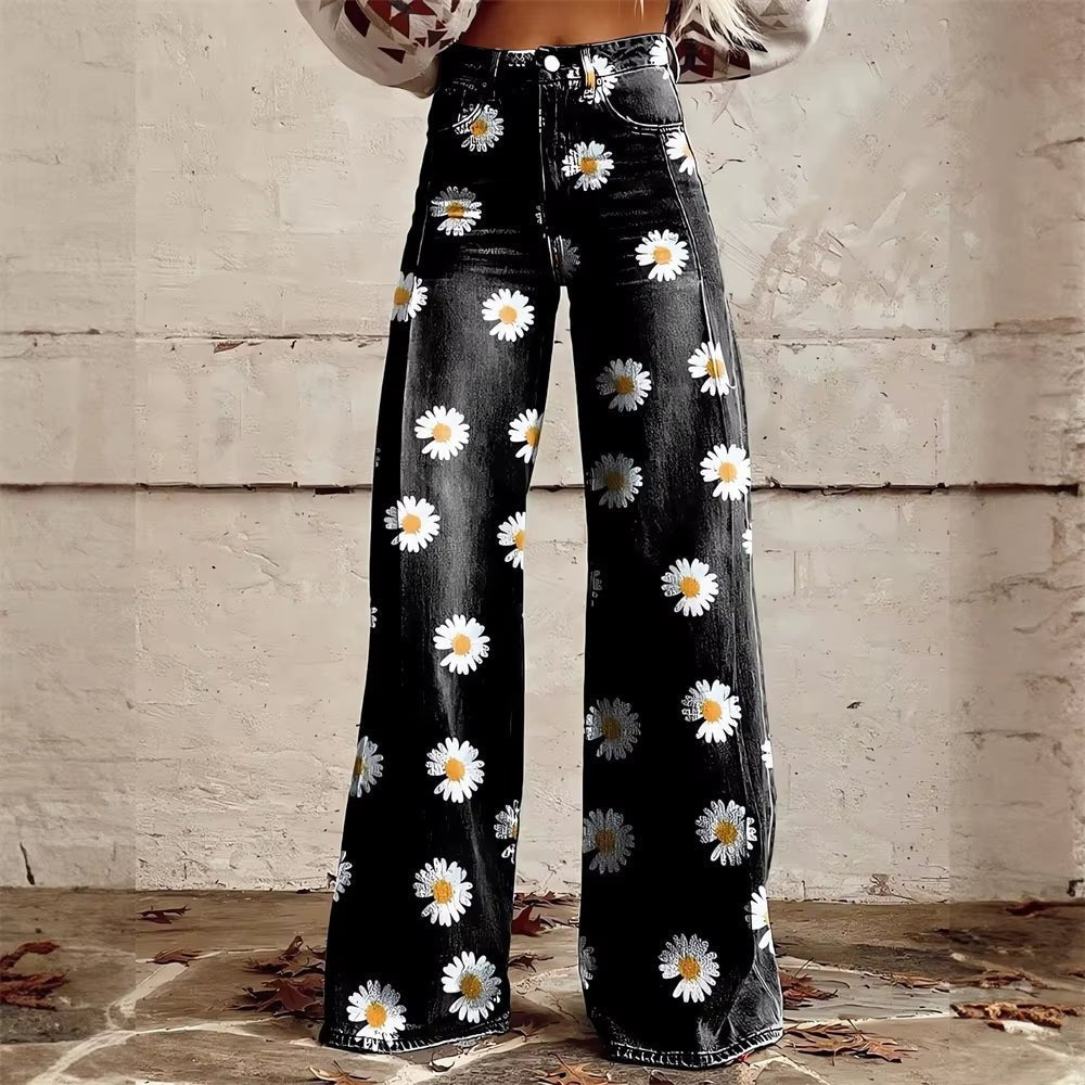 Pantalon jean femme évasé, taille haute et jambes larges, pour un look vintage décontracté.