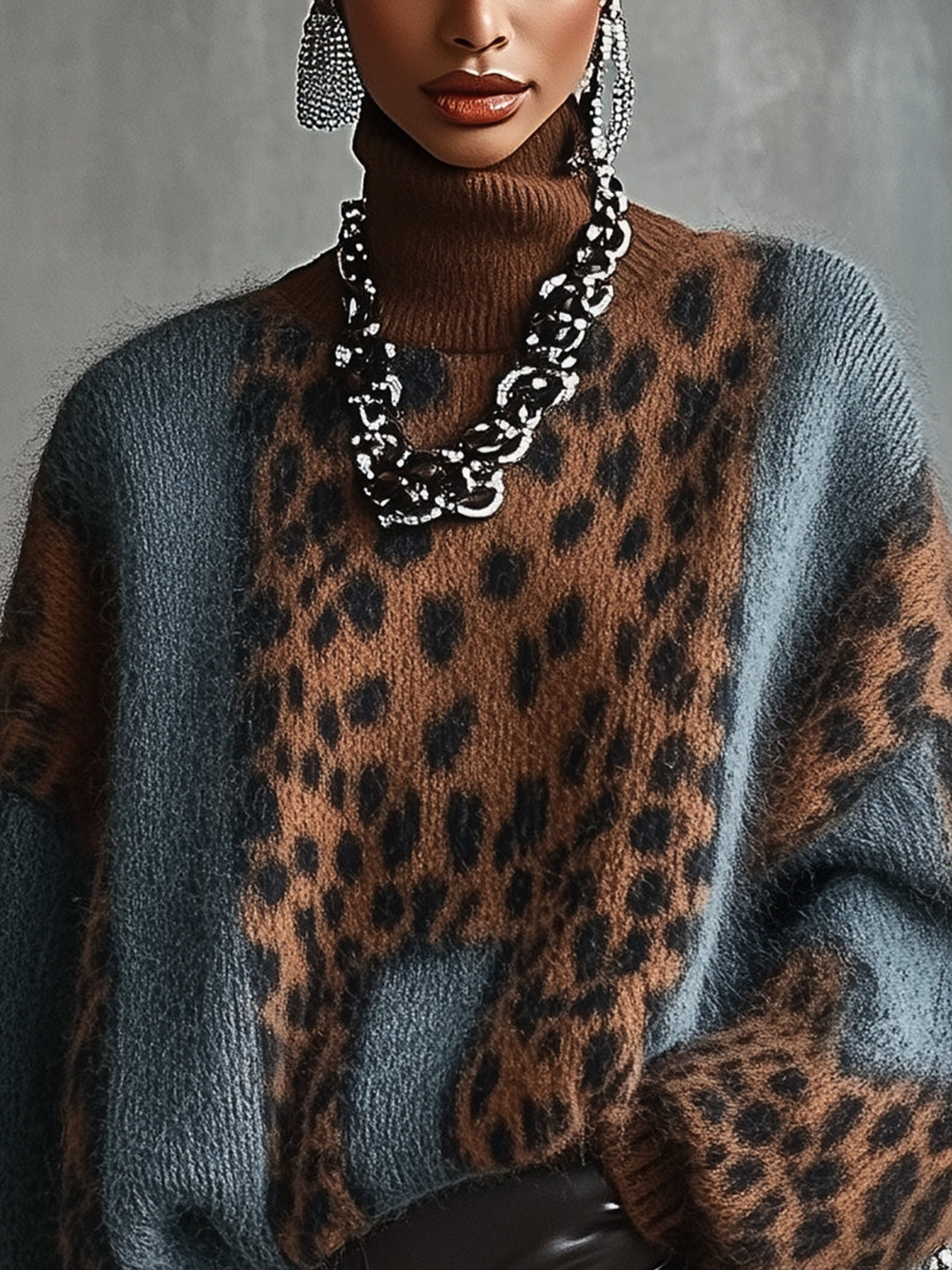 Pull léopard femme oversize chaud en maille, col roulé. Idéal mode automne-hiver, style confortable et chic.
