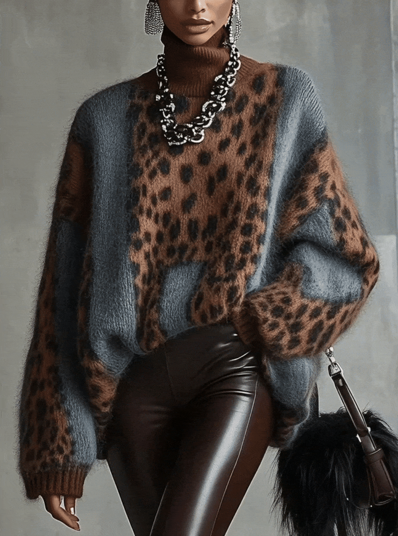 Élégant pull femme oversize à col roulé, imprimé léopard. Tendance mode féminine, chaud et confortable pour saison froide.