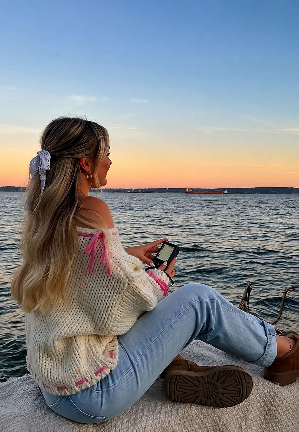 Pull femme élégant col bateau avec détails nœuds, vêtement confortable et tendance pour l'hiver.