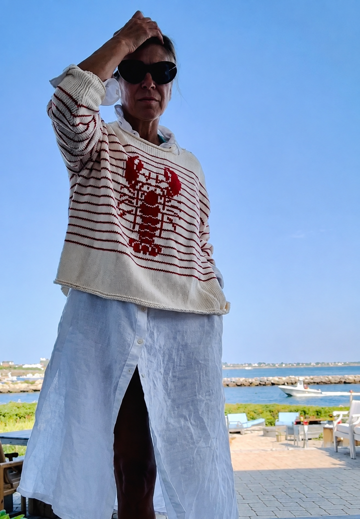Pull rayé femme blanc et bleu marine, orné d'un homard, col rond et manches longues. Parfait pour un style marin.
