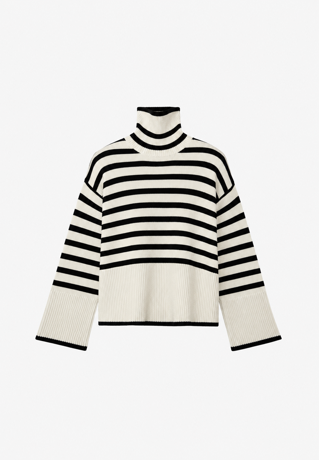 Pull oversize femme rayé à col roulé et manches amples. Confortable et tendance pour toute femme.
