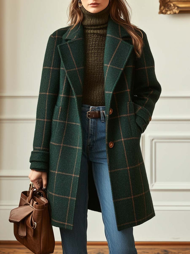 Pardessus femme élégant à carreaux, col revers, long, parfait pour l'hiver et l'automne. Style chic pour mode femme.