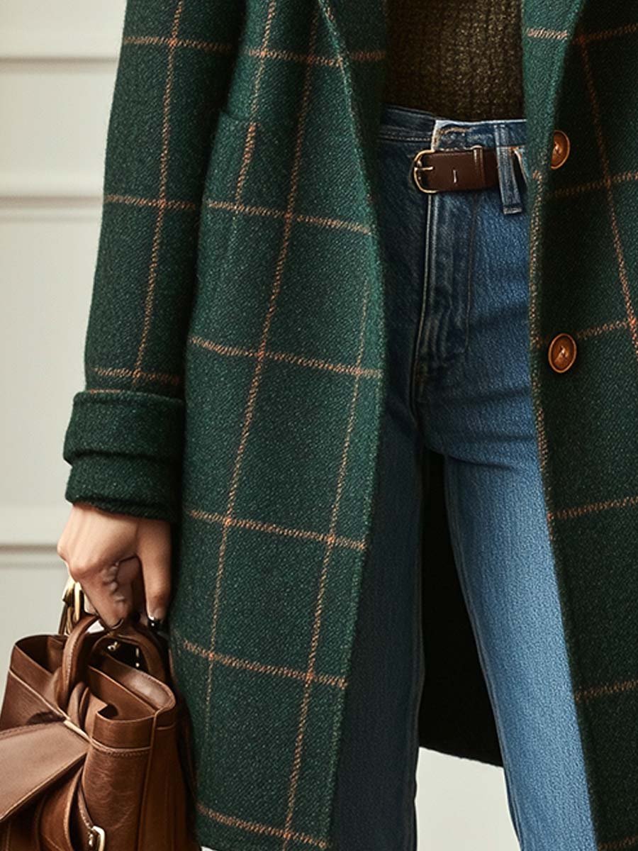 Pardessus femme à motif carreaux, col revers élégant, coupe longue. Manteau chic idéal pour la mode hivernale.