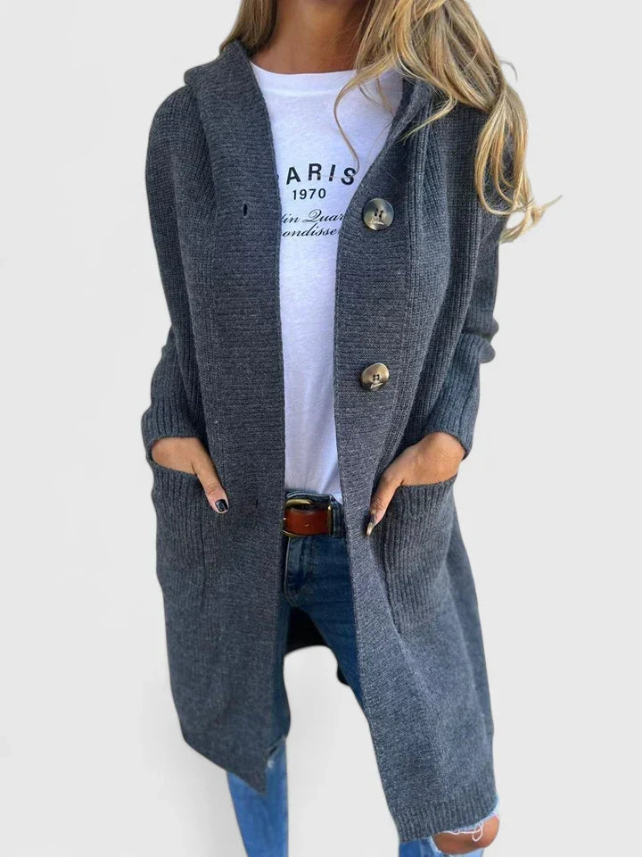 Cardigan longline élégant pour femmes, boutons, poches, idéal superposition automne-hiver.