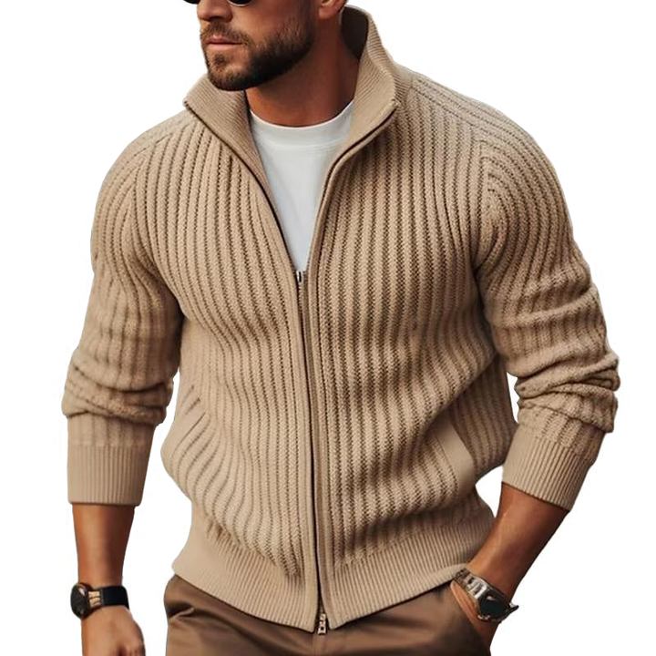 Cardigan homme zippé noir à col montant, style moderne et élégant pour automne-hiver. Confortable et polyvalent.