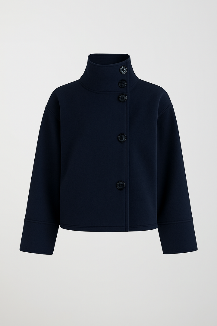 Veste courte chic couleur espresso, boutonnage asymétrique. Idéale pour un style urbain élégant.