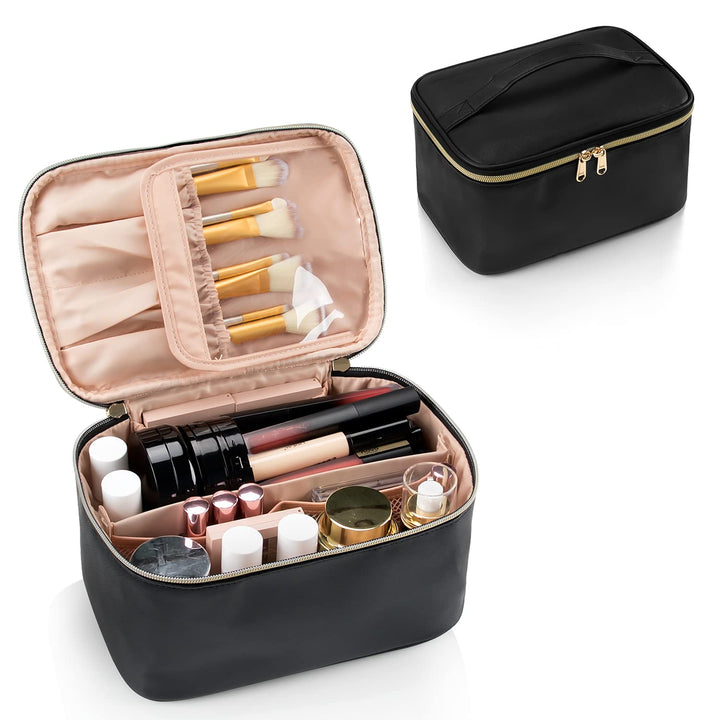 Rangement maquillage voyage bleu, compact et pratique, avec séparateurs amovibles pour cosmétiques.