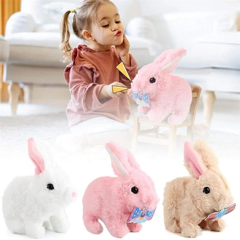 Lapin interactif doux pour enfants, compagnon de jeu en peluche, parfait pour câlins et divertissement.