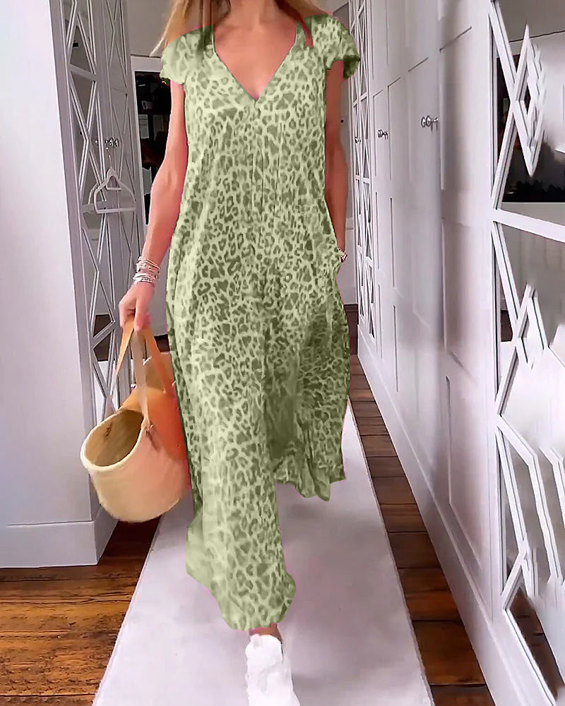 Robe décontractée femme, imprimé tendance, col V. Confortable pour printemps, été et automne.