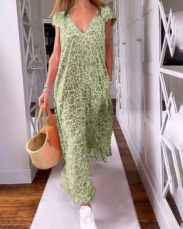 Robe décontractée femme, imprimé tendance, col V. Confortable pour printemps, été et automne.