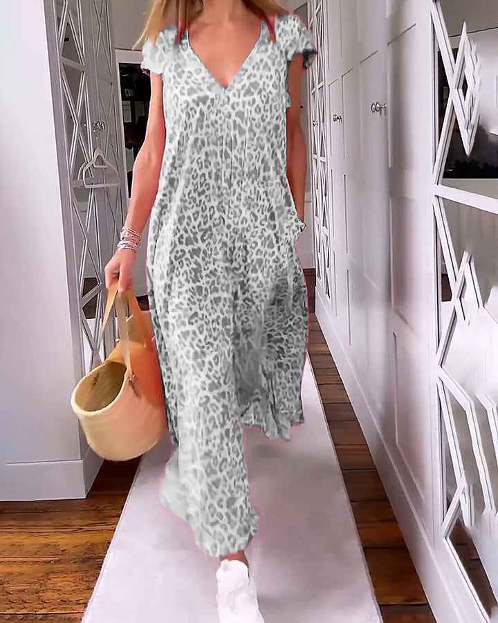 Robe longue léopard imprimée à col V pour femme, parfaite pour la mode printemps-été décontractée.