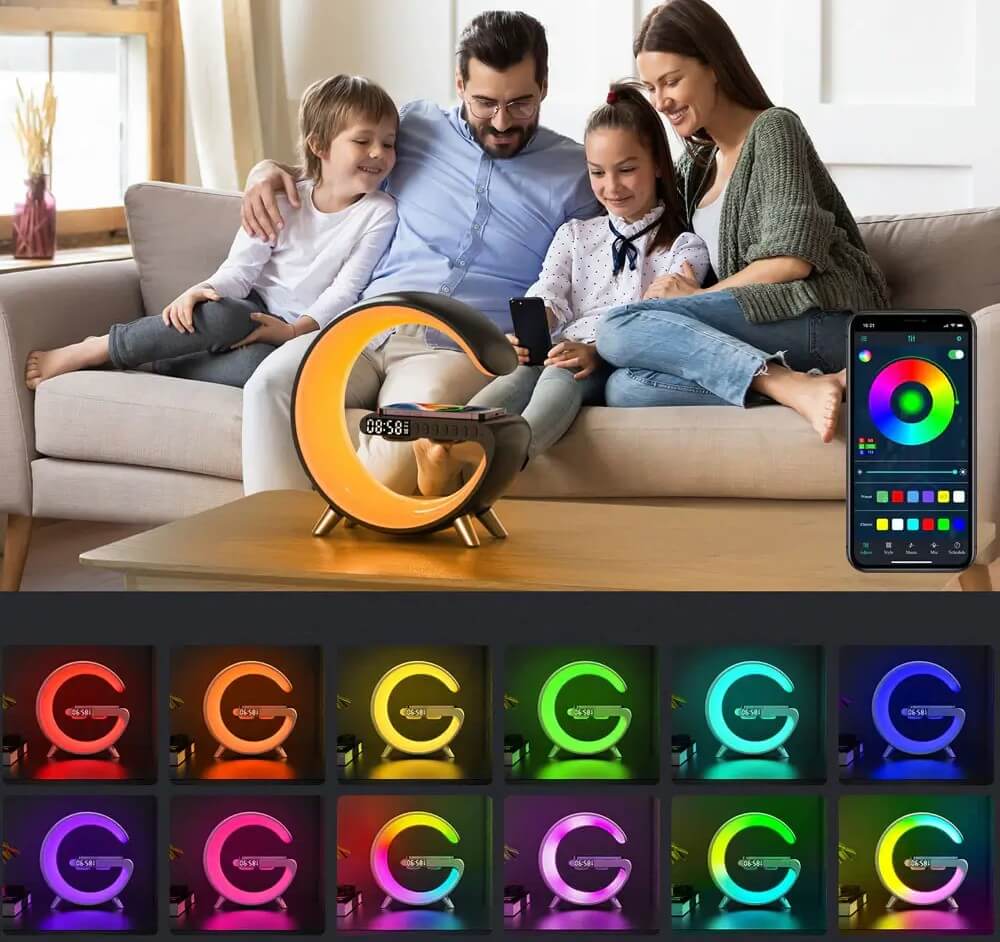 Chargeur sans fil rapide pour smartphone intégré à cette lampe de chevet moderne avec haut-parleur Bluetooth.