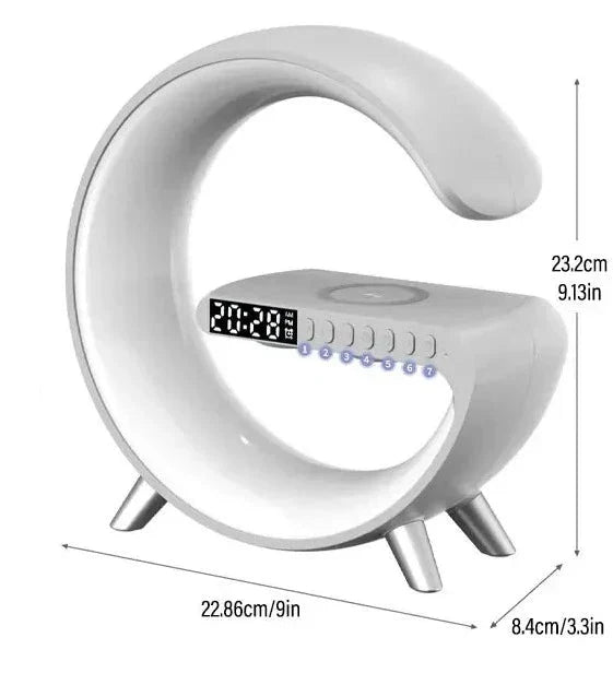 Solution tout-en-un: lampe d'ambiance LED, haut-parleur Bluetooth, chargeur sans fil et réveil intelligent.