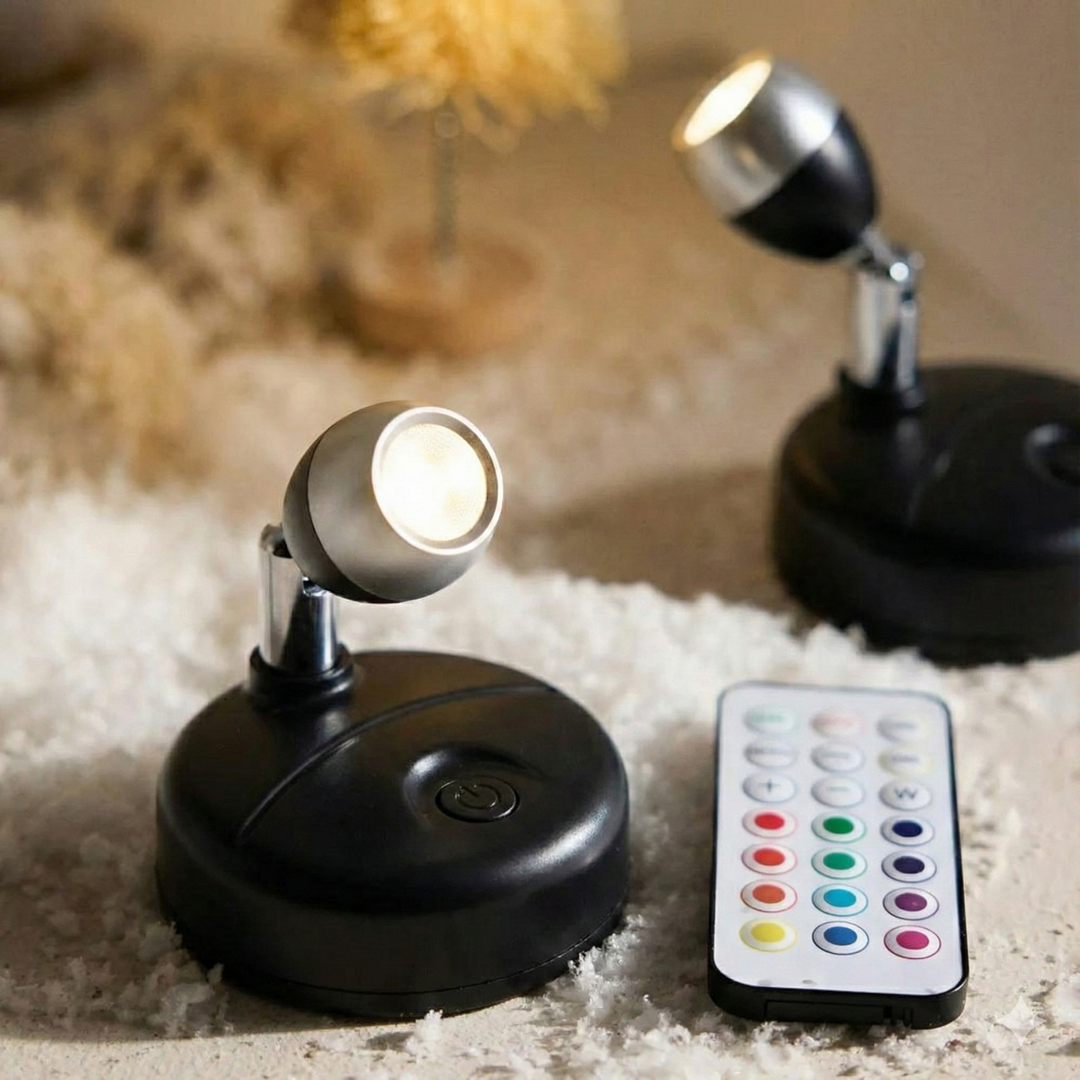 Lampe LED sans fil moderne éclairant doucement des plantes vertes, créant une lumière d'ambiance chaleureuse en intérieur.