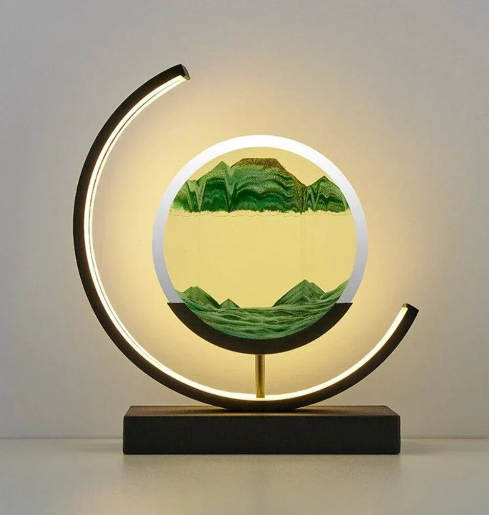 Lampe zen à sable dynamique pour décoration intérieure unique. Paysage évolutif apaisant avec lumière chaude.