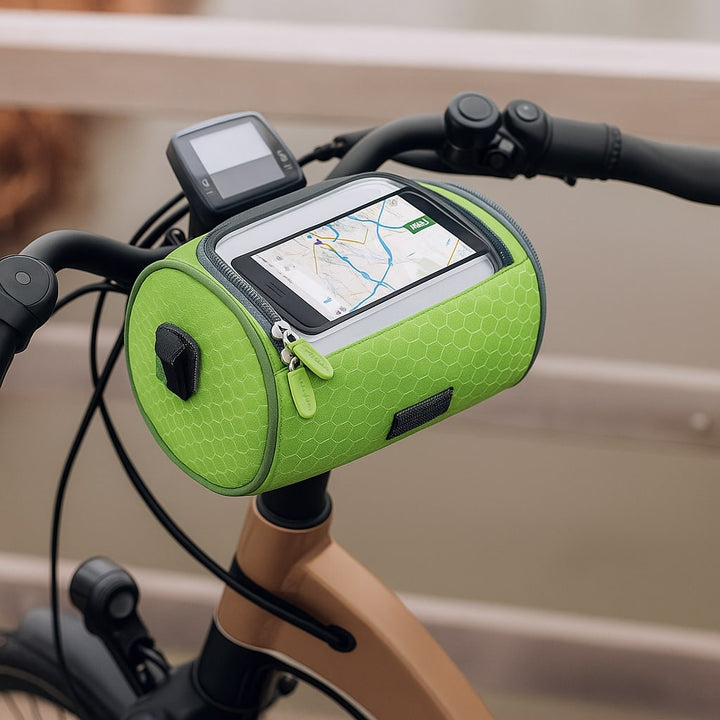 Sacoche vélo étanche avec écran tactile pour guidon, assurant protection et facilité d'accès à votre téléphone.
