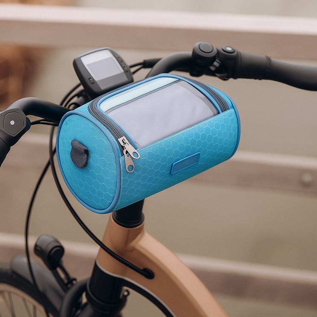 Sacoche pratique et portable pour guidon de vélo, avec surface tactile pour utiliser votre smartphone en roulant.