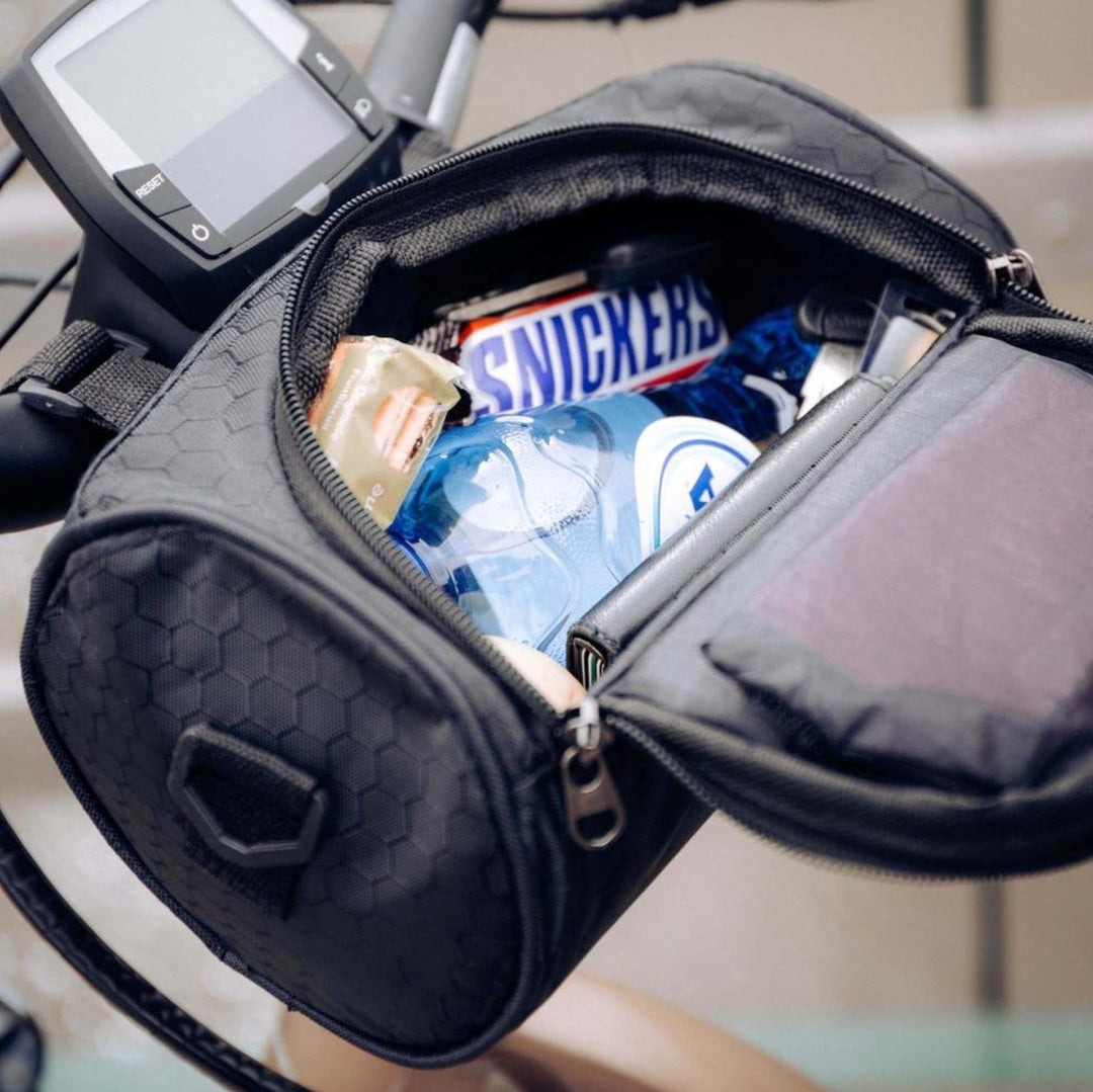 Sacoche de rangement portable pour guidon, avec grand compartiment et écran tactile pour vos sorties vélo.