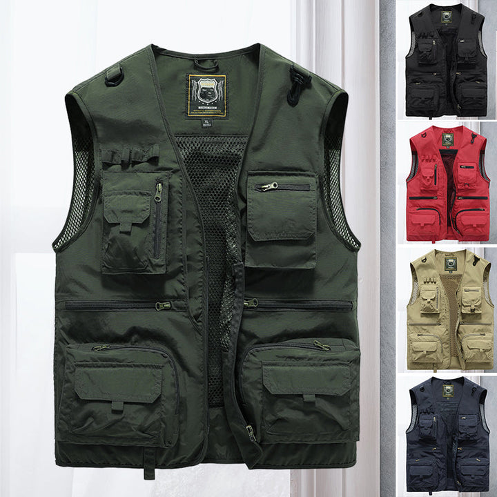 Veste sans manches homme multipoches, idéale pour randonnée, pêche et voyages. Légère et respirante.