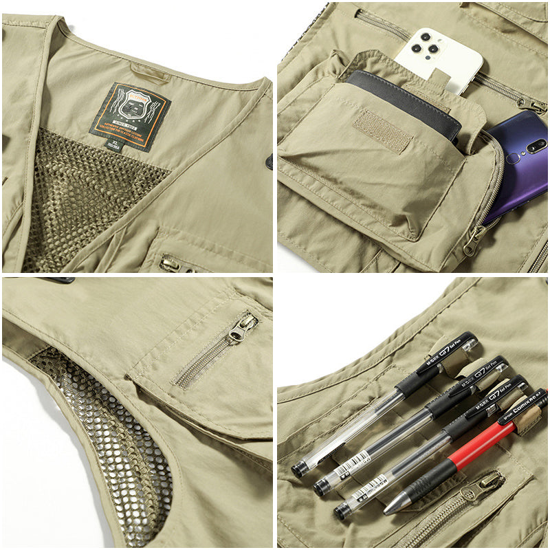 Veste multi-poches homme pour pêche et camping, offrant rangement sécurisé et accès facile.