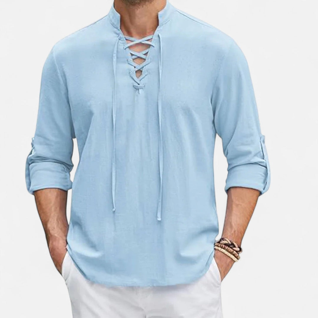 Chemise homme longue manche, style viking bohème, idéale pour festival médiéval, cosplay ou tenue décontractée.