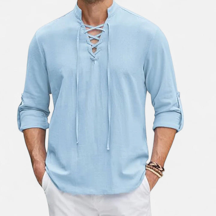 Chemise homme longue manche, style viking bohème, idéale pour festival médiéval, cosplay ou tenue décontractée.