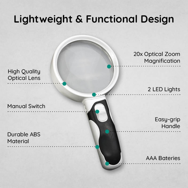 Aide visuelle loupe grossissante optique portable avec lumières LED, essentielle pour la lecture.