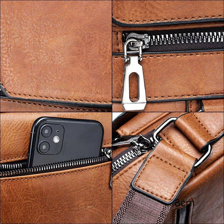 Détail élégant d'un sac à bandoulière unisexe, montrant sa qualité. Accessoire moderne et organisé.