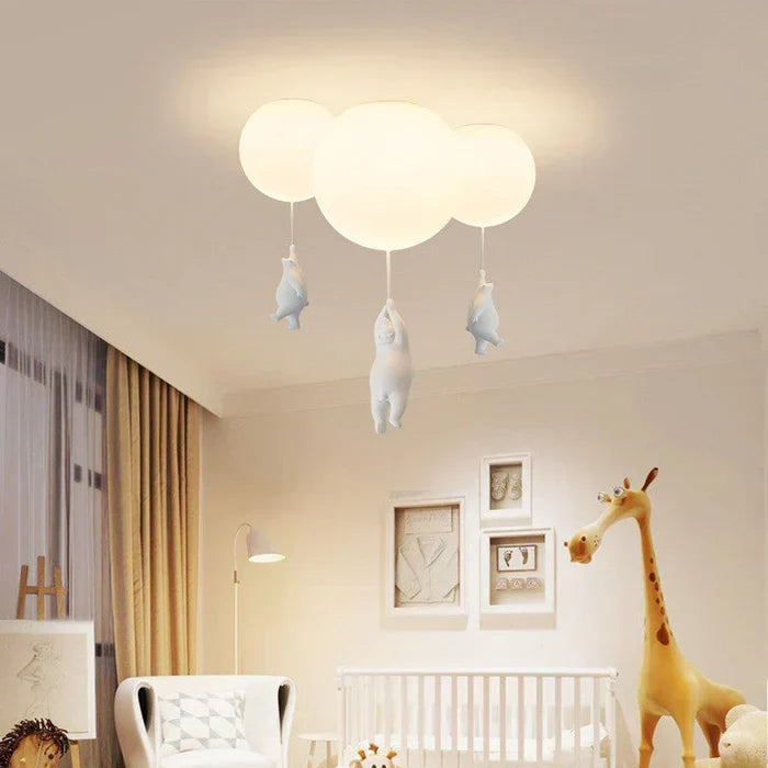 Plafonnier enfant avec un ours tenant un ballon lumineux, lumière LED.