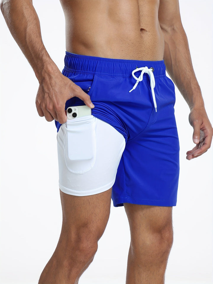 Short de bain homme bleu, extensible, séchage rapide, avec poche téléphone, idéal vacances et plage.