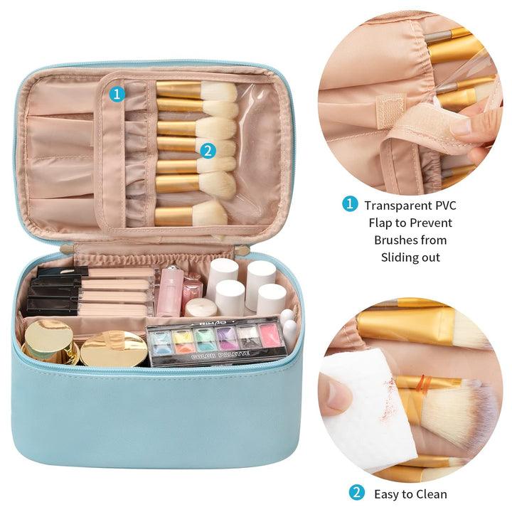 Trousse de rangement cosmétiques portable bleue, idéale pour le voyage et les accessoires beauté.