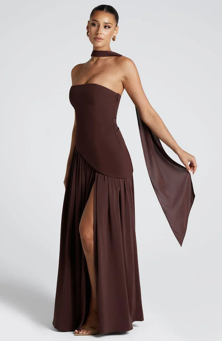 Robe de soirée maxi bicolore pour femme, avec fente latérale, très élégante et tendance.