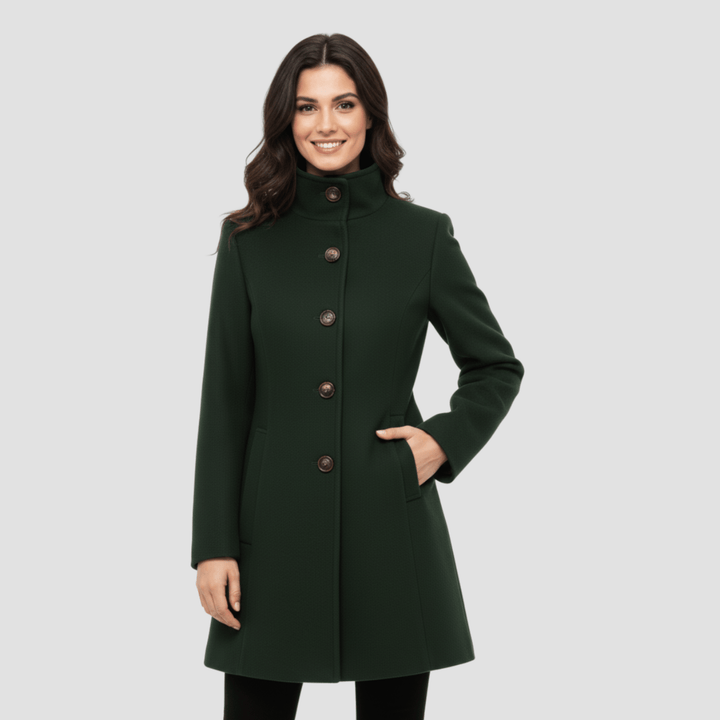 Manteau mi-saison femme, col montant boutonné. Idéal pour un look quotidien raffiné et chic.