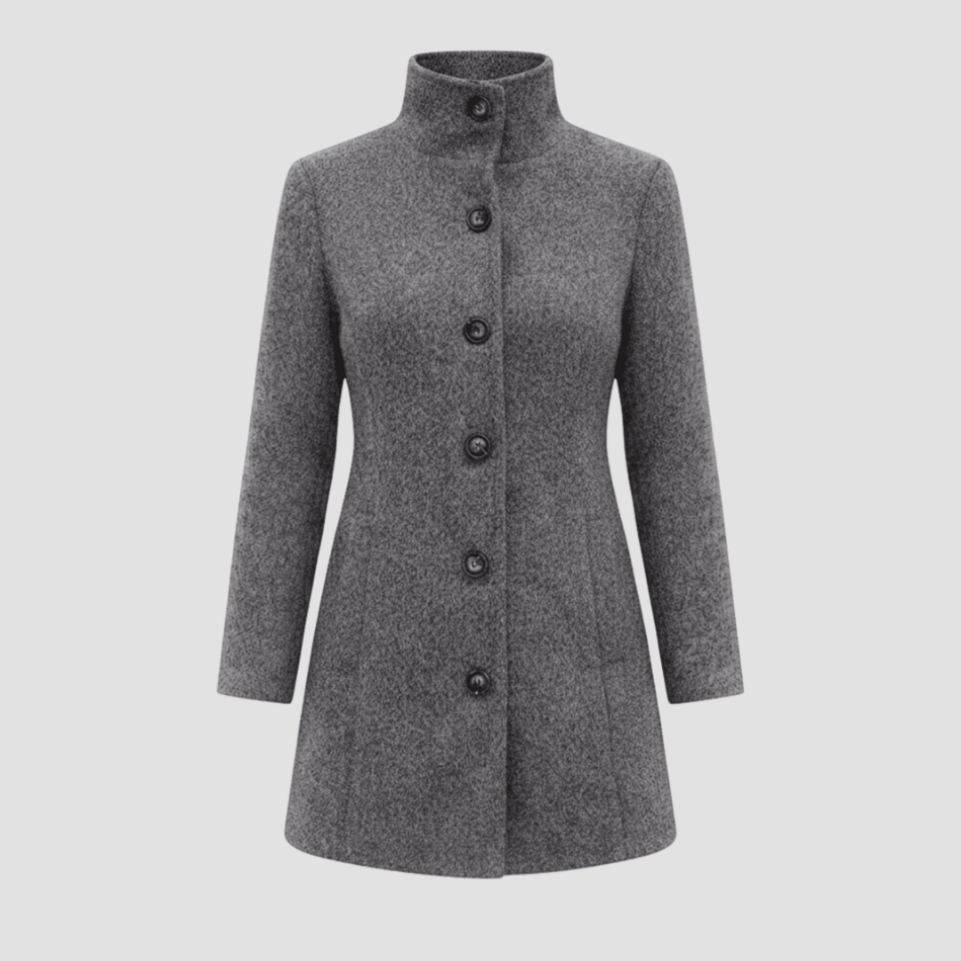 Manteau femme boutonné à col montant, style élégant et décontracté. Idéal automne et hiver.