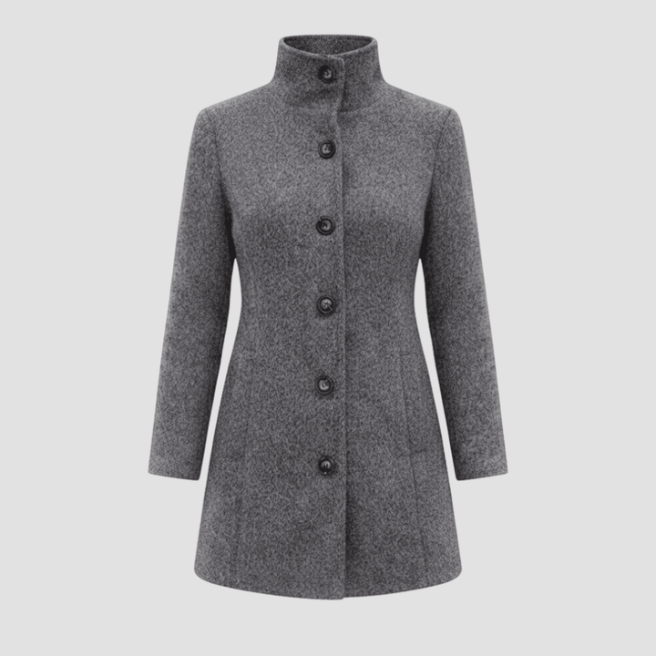 Manteau femme boutonné à col montant, style élégant et décontracté. Idéal automne et hiver.