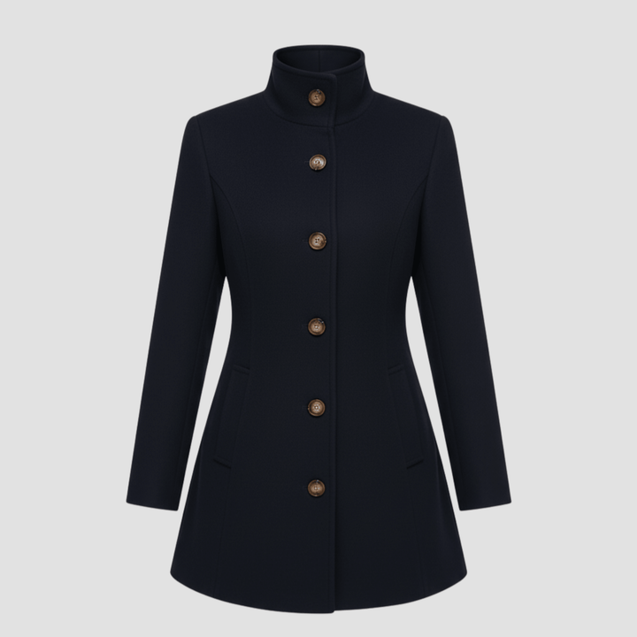 Silhouette élégante : manteau femme à col montant et fermeture boutonnée. Raffiné pour mi-saison.
