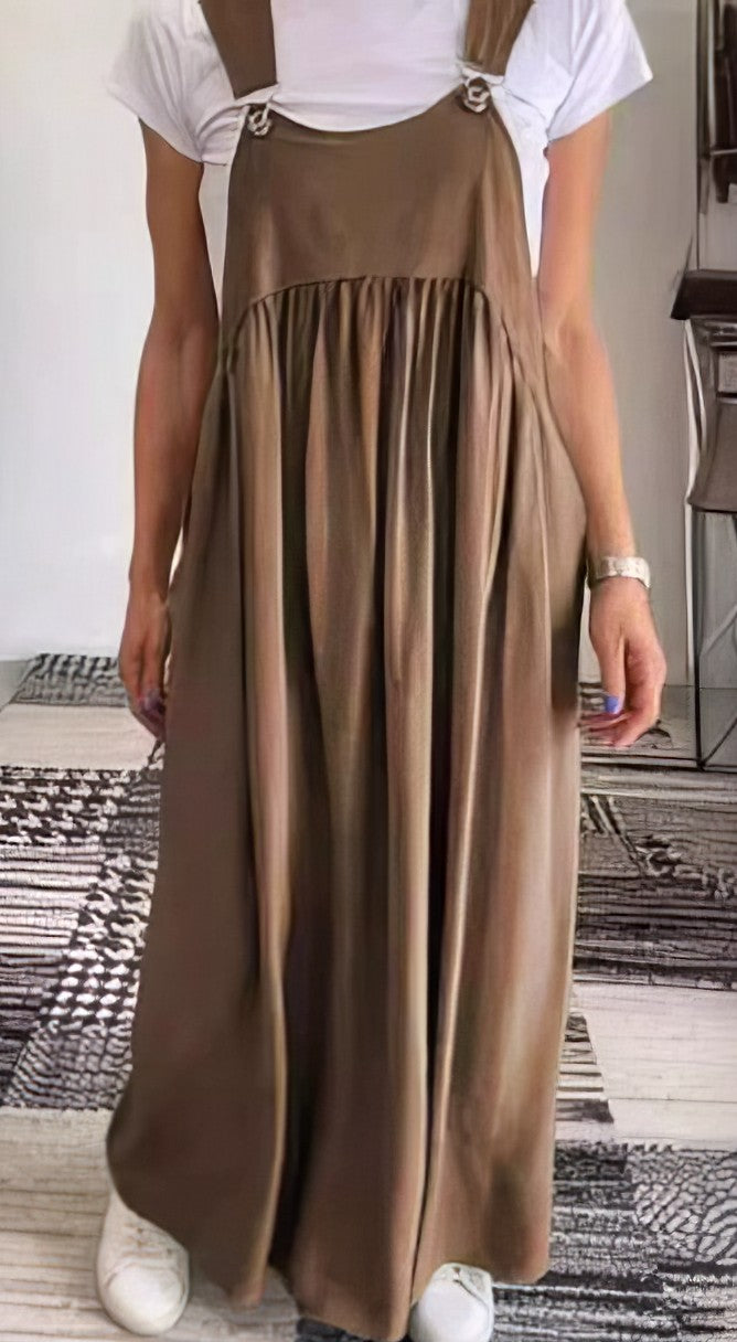 Robe salopette femme maxi verte, chic et décontractée, très confortable pour un look quotidien.