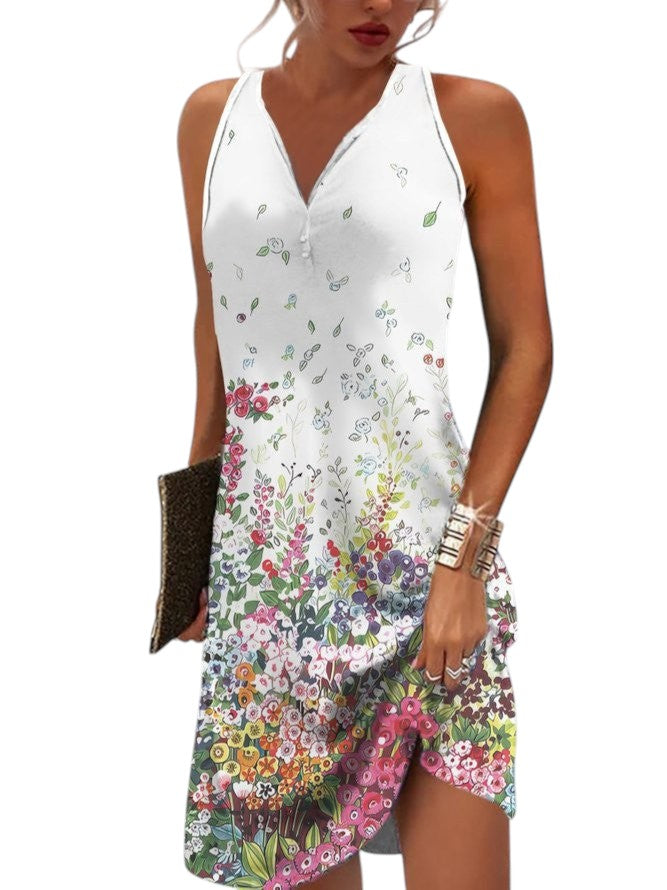 Élégante mini-robe d'été imprimée pour femme, coupe fluide sans manches, parfaite pour un nouveau look estival.