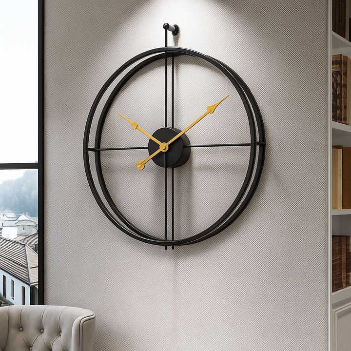 Horloge murale minimaliste noire/dorée avec mécanisme quartz silencieux, 55cm.