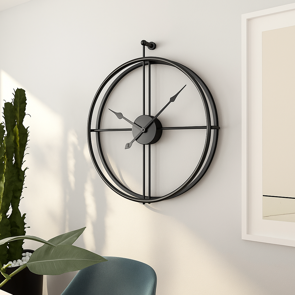 Décoration murale moderne : grande horloge silencieuse design noir/doré, 60cm.