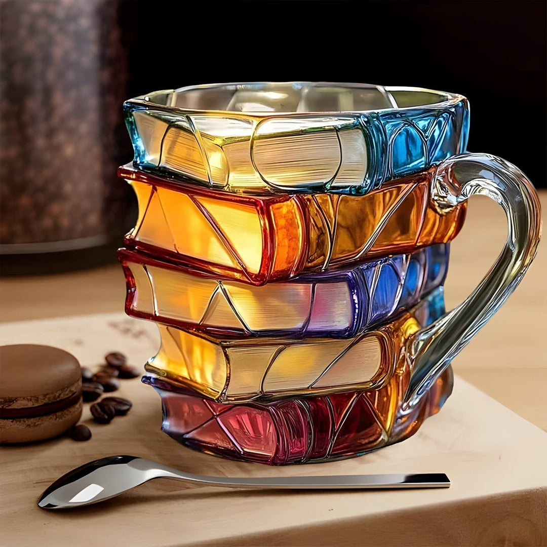 Mug à café 3D en résine, motif livres empilés unique. Savourez thé ou café avec cette tasse au style littéraire.