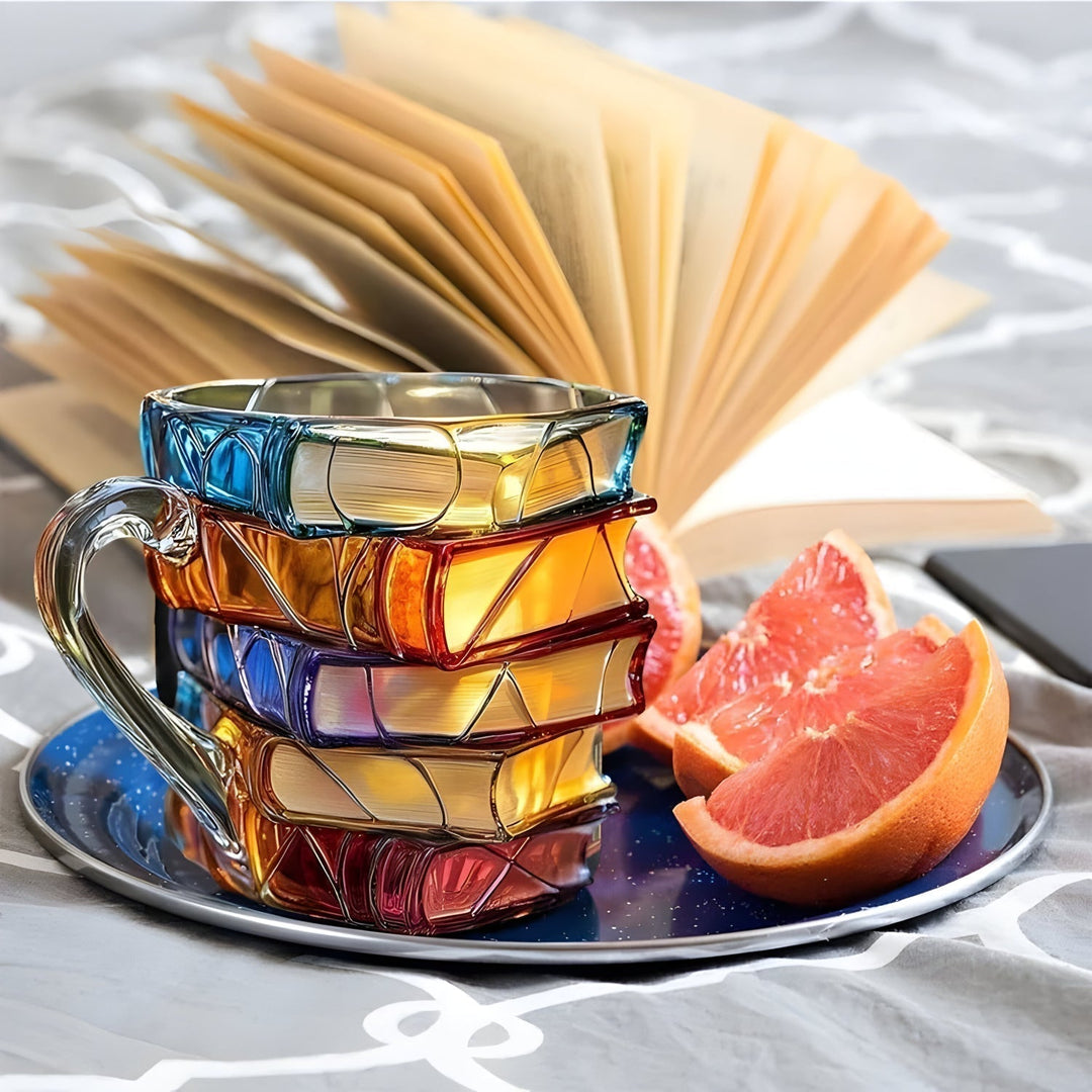 Tasse à café en résine 3D, design livres empilés. Un objet de décoration unique et un mug littéraire pour lecteurs.